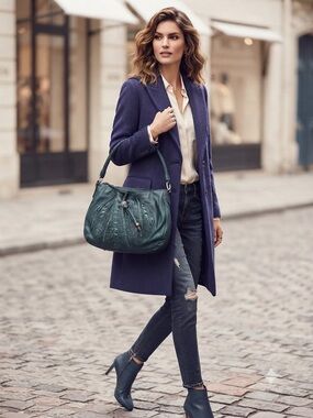 Brighton Deep Teal Leather Hobo Shoulder Bag Handbag Braided Strap Tooled Embell